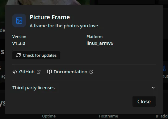 The About dialog, showing the version and platform with a Check for updates button