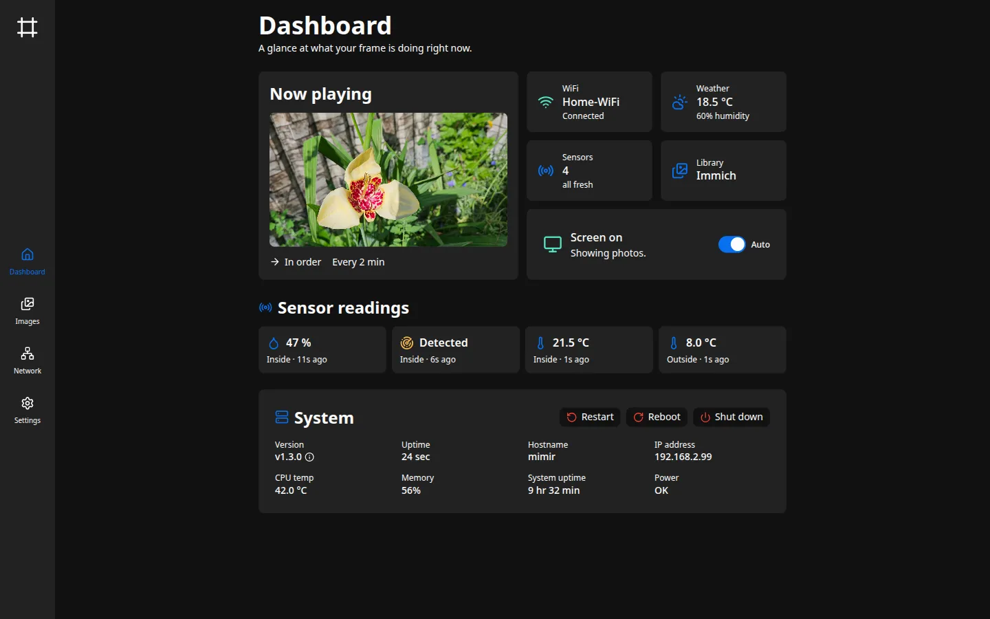 The admin dashboard, showing the current photo, connection and sensor status, live readings, and system information.