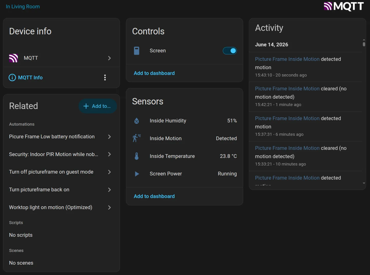 The frame as a device in Home Assistant: a Screen switch, inside temperature, humidity, and motion, screen power, and related automations