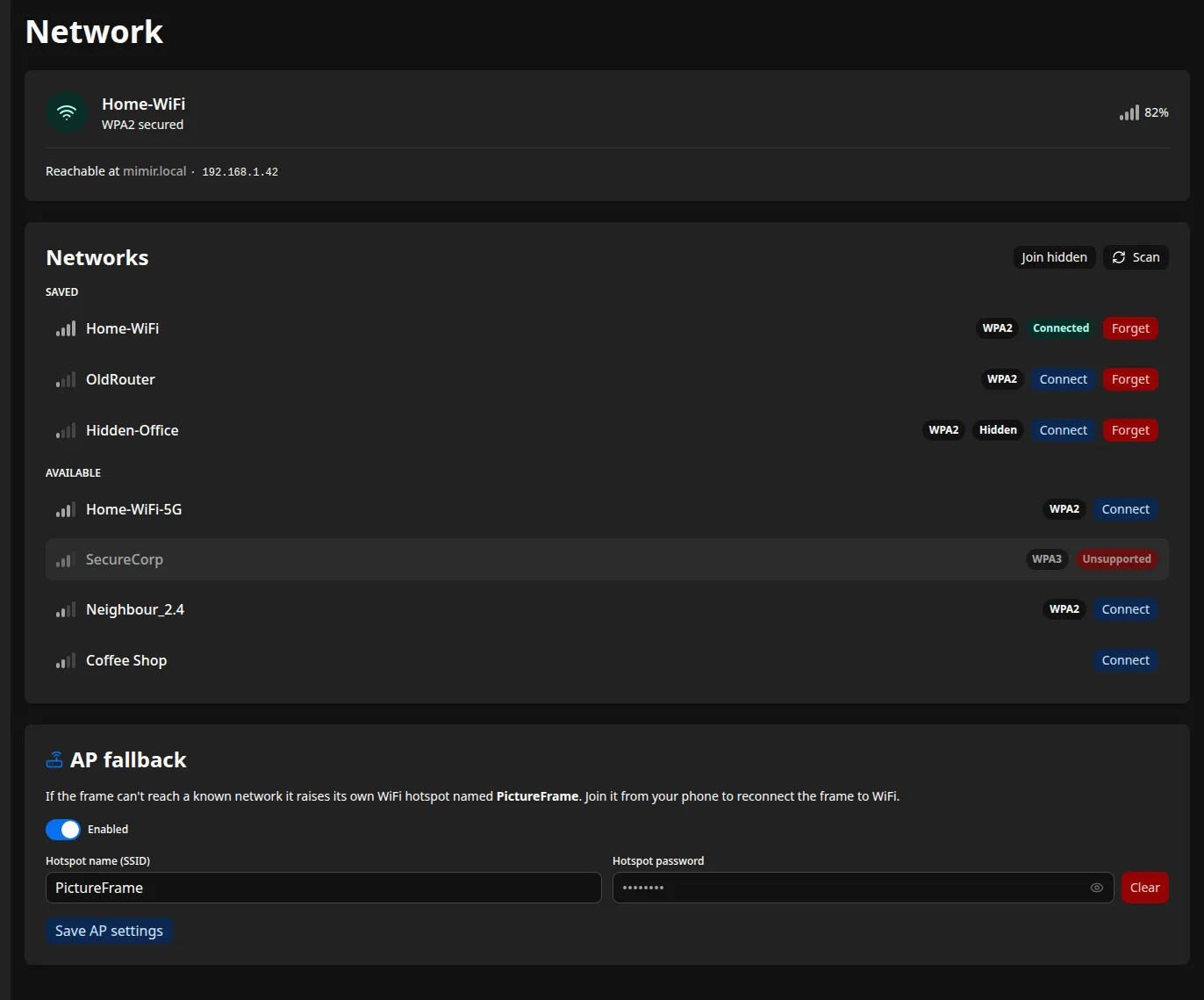 The Network page: the current connection, saved and available networks, and the hotspot fallback