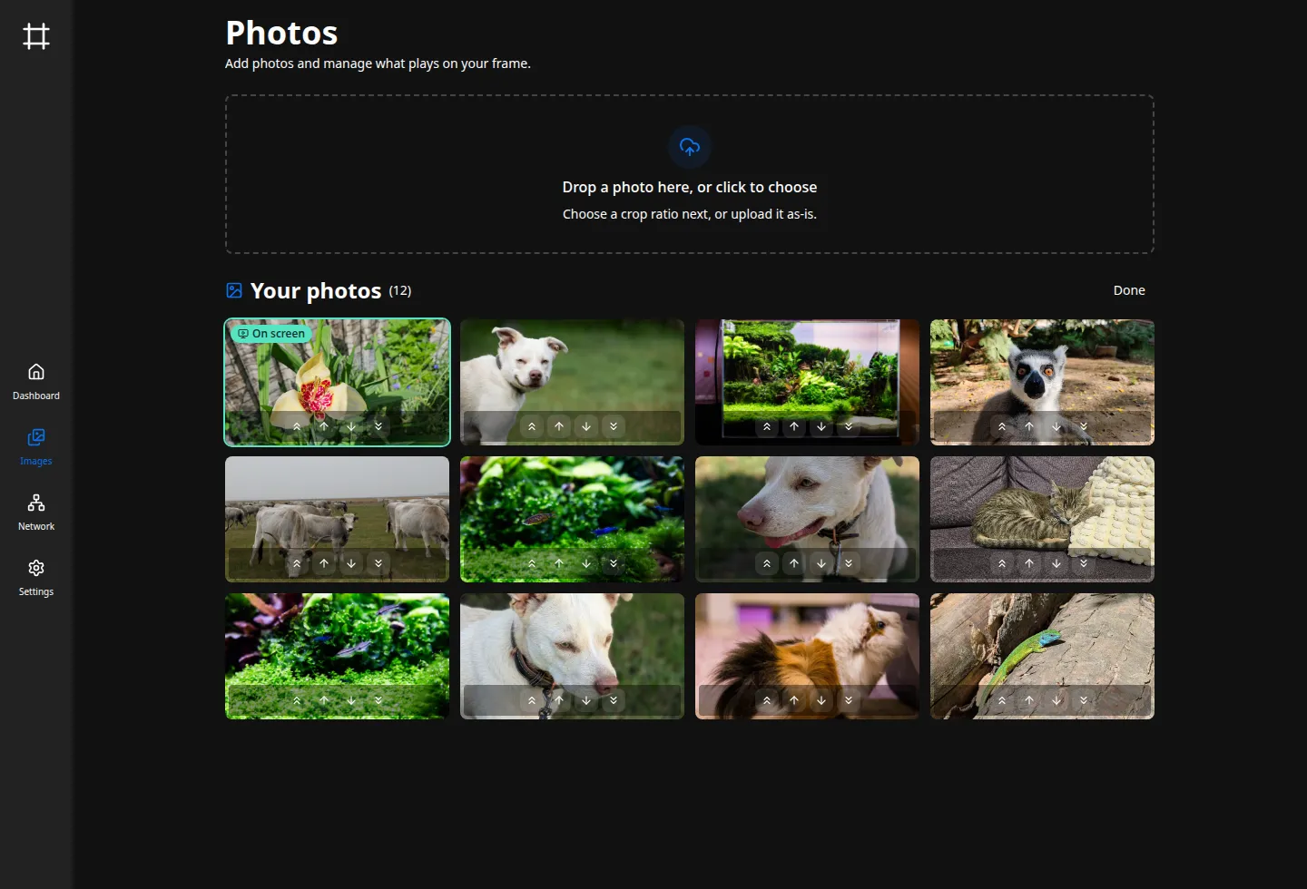 Arrange mode: each photo carries move buttons, with Done in the corner