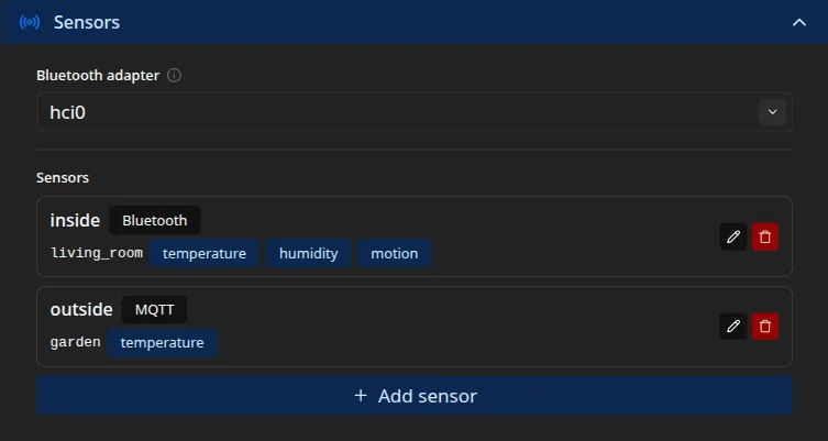 The Sensors settings: a Bluetooth adapter and a list of sensors, each showing its role, type, and reading kinds