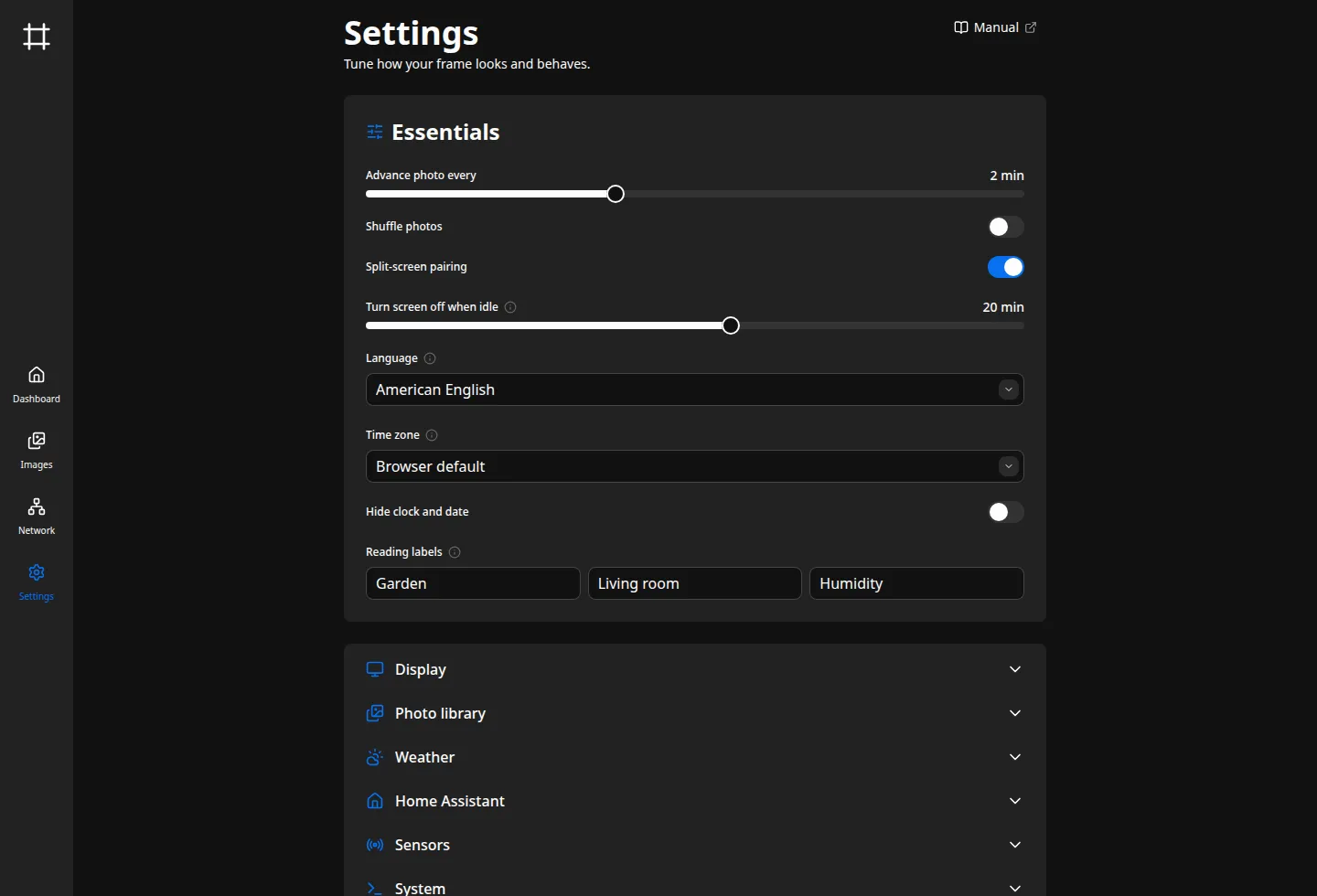 The Settings page, with the Essentials group showing the slideshow and display controls