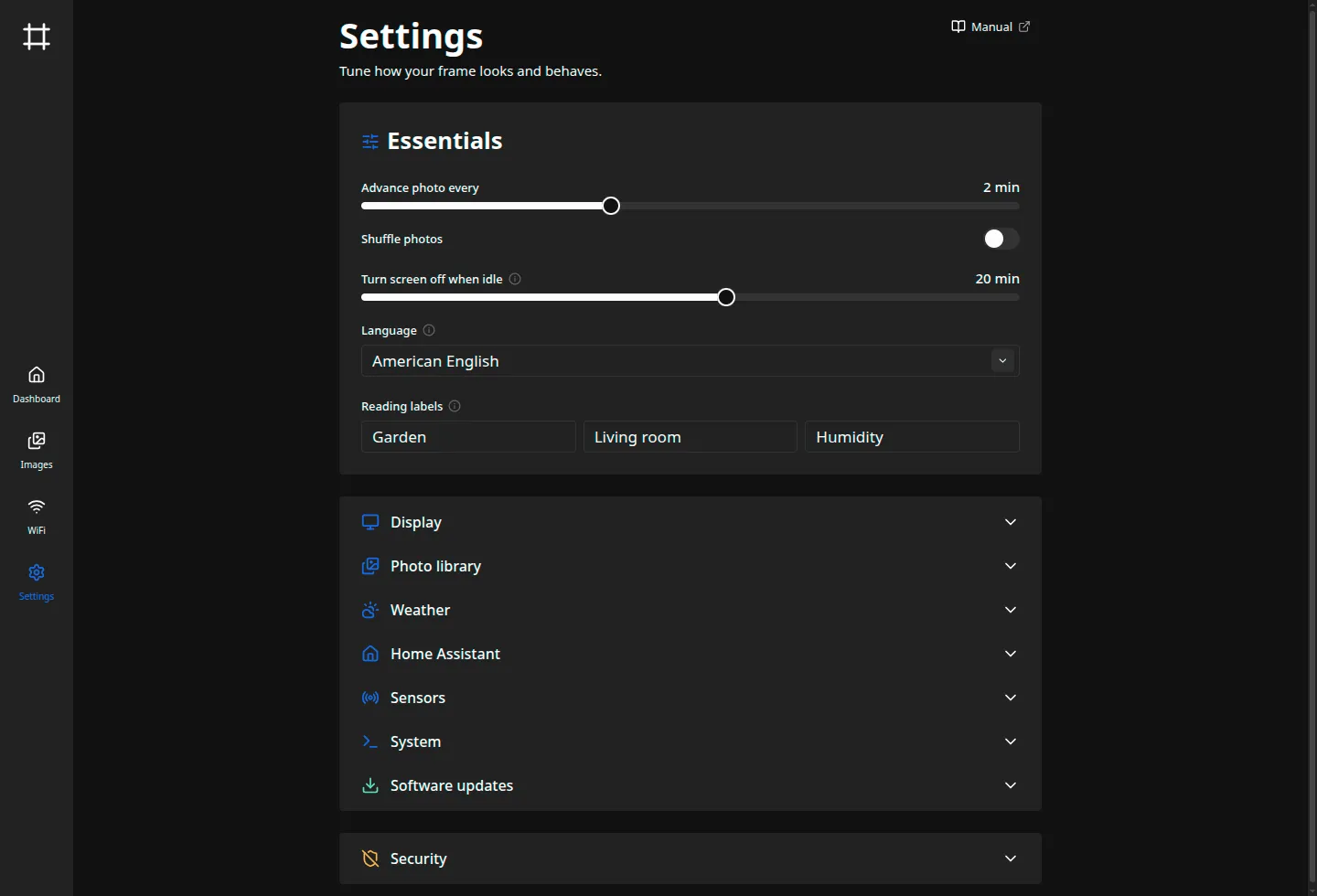 The Settings page, with the Essentials group showing the slideshow and display controls