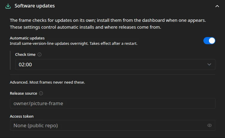 The Software updates settings: automatic updates with a check time, and an advanced release source