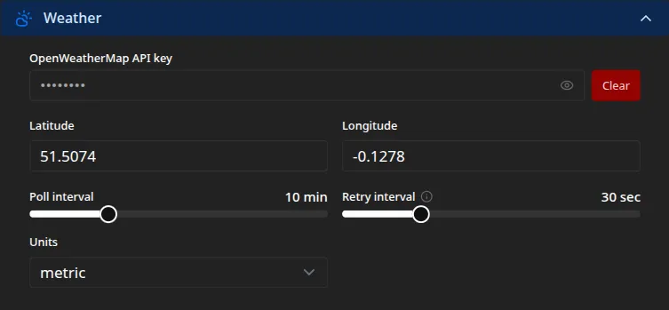 The Weather settings: an OpenWeatherMap API key, latitude and longitude, poll and retry intervals, and units